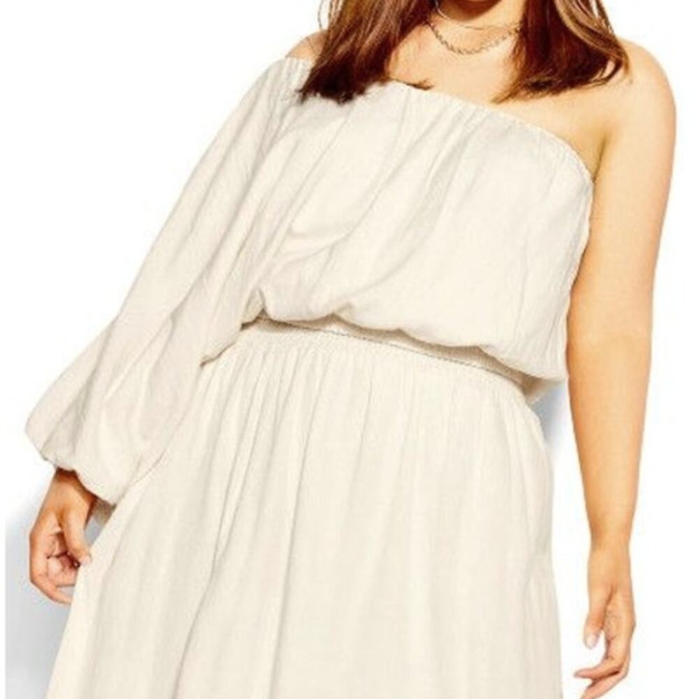 City Chic XXL Wonderous Top One Sleeve Batwing Shirred Crop Blouse in Pearl